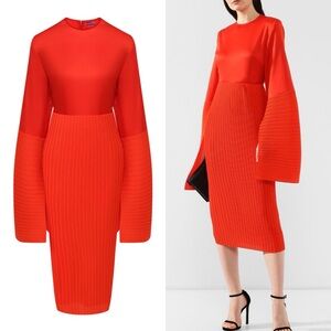 Solace London Emilline Midi Dress Sz.6 Orange Red Satin Plissé Crepe Long Sleeve